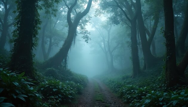 Misty jungle path through rich green trees. Thick fog obscures forest canopy creating mysterious atmosphere. Dark tropical rainforest trail leads into unknown. Overgrown plants line route. - Powered by Adobe