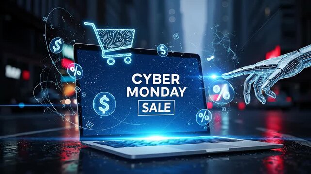 Cyber Monday promotion, laptop advertising discount, digital shopping, online offer, robot hand interaction, sales concept.