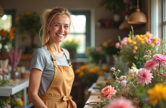 Happy blonde woman florist smiles in flower shop. Works surrounded by fresh colorful blooms, proud small business owner. Successful entrepreneur enjoys work, surrounded by natural beauty, floral - Powered by Adobe
