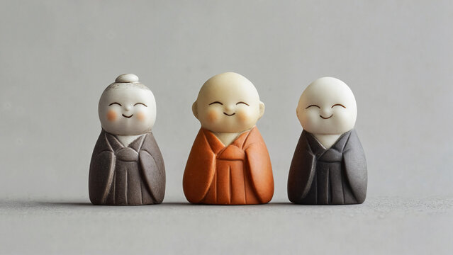 Ivory-style netsuke figurines of three smiling figures on soft grey backgrou, art catalogs, auction visuals, Japanese culture promotions, museum publications, educational materials, cultural branding 