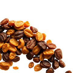 Photo of pile of dark brown and golden brown wrinkled raisins isolated on transpatent background