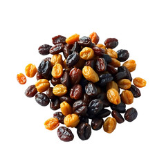 Photo of pile of dark brown and golden brown wrinkled raisins isolated on transpatent background