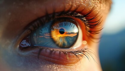 Illustration of eye reflecting sunset landscape. Macro photo eye close up with vibrant colors. Artistic artwork of human eye looking at sky scene.