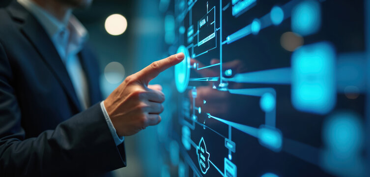 Businessman points at glowing digital interface screen, showing complex flowchart diagram. Interacts with virtual data, managing corporate processes, tech workflow. Represents innovation, future