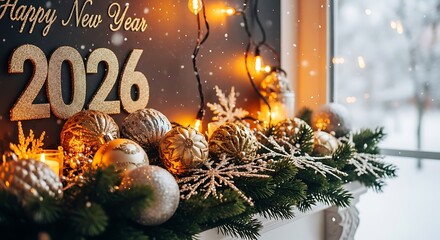Happy New Year 2026 golden glitter text with festive garland, ornaments, and warm string lights