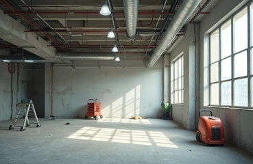 Empty office room under construction with concrete walls, floor. Ceiling shows exposed pipes, air ducts, wiring, lights. Bright sunlight through large windows creates strong shadows. Ladder, bins,