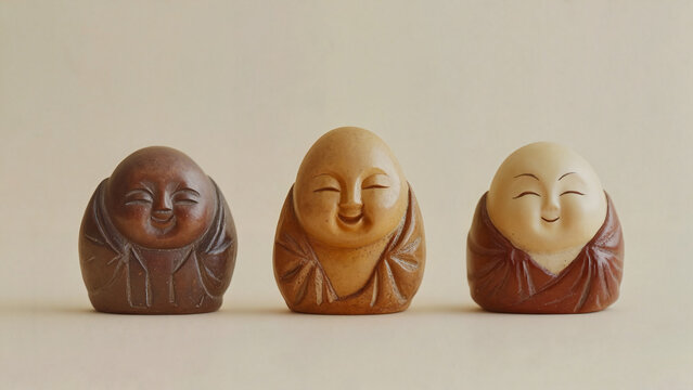 Antique netsuke figurines with cheerful smiles on soft beige background, art catalogs, auction visuals, Japanese culture promotions, museum publications, educational materials, cultural branding 