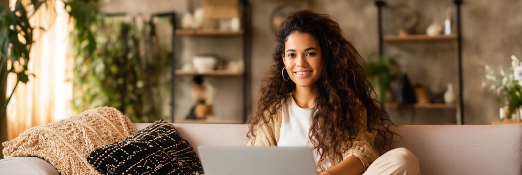 A woman smiles while working on her laptop, surrounded by cozy blankets and indoor plants. The image embodies comfort, productivity, and modern work-life balance.