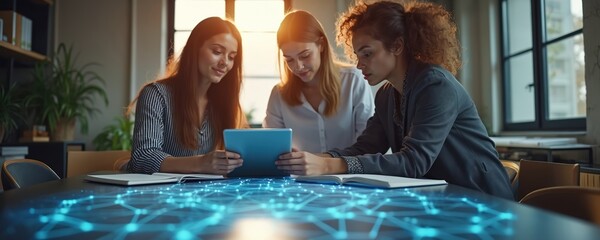 Three women collaborate on project using tablet device in modern office setting. They analyze data, discuss strategy while sitting at table with glowing network graphic overlay. Teamwork, technology.