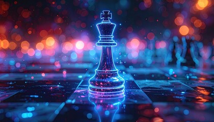 A glowing digital chess king surrounded by neon lights representing strategy, power and futuristic thinking in the modern era of technology and artificial intelligence
