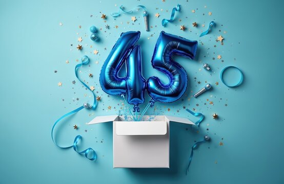 White gift box opens with blue 45 number balloons and ribbons popping out. Surrounded by blue and gold stars and confetti on a blue background. Celebratory scene for 45th birthday or anniversary.