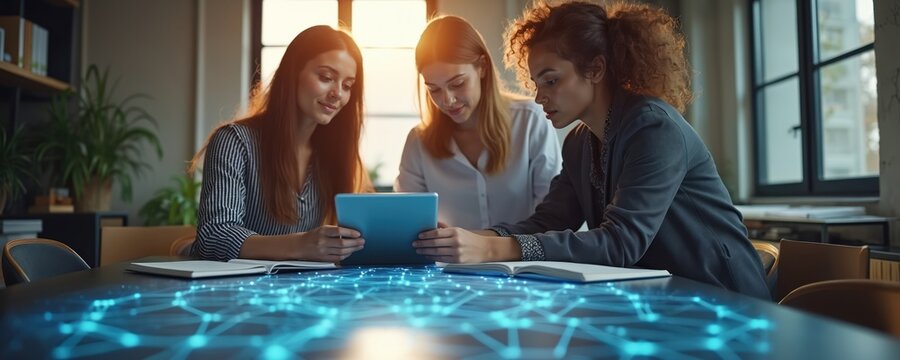 Three women collaborate on project using tablet device in modern office setting. They analyze data, discuss strategy while sitting at table with glowing network graphic overlay. Teamwork, technology.