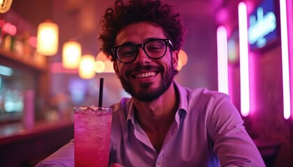 Happy young man with curly hair, glasses smiles. Holds vibrant pink cocktail with ice, straw at lively bar counter. Bright neon lights illuminate fun party night atmosphere, enjoyment. Enjoys urban