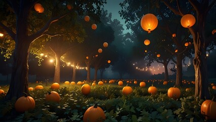 A magical forest where pumpkin balloons grow on trees like fruit, glowing orange and green in the twilight.