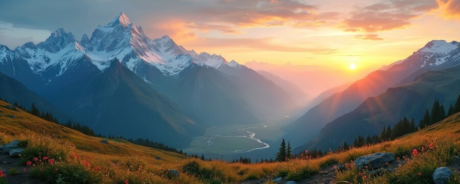 Snow-capped mountains at sunrise with vibrant pink flowers in meadow. Green valley with river below. Orange, yellow sky with sun shining. Majestic landscape with peaks, trees. Serene atmosphere in