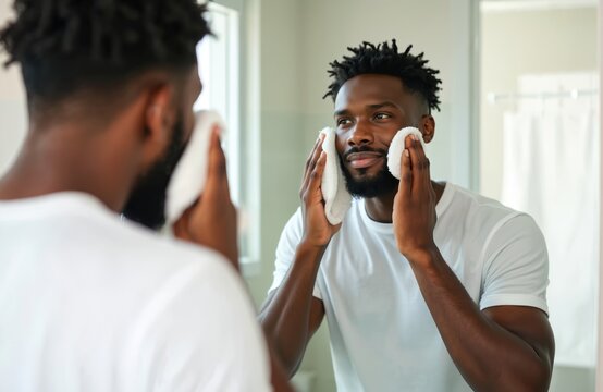 Young african american man looks in mirror wiping face with towel after shower. Handsome guy does morning beauty routine in bathroom. Black male skincare hygiene concept. - Powered by Adobe