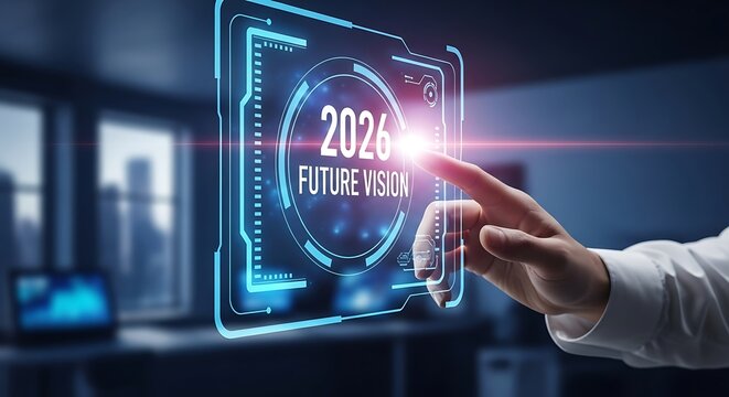 Hand touching futuristic holographic display with "2026 Future Vision" in a modern office, symbolizing innovation and strategic planning.