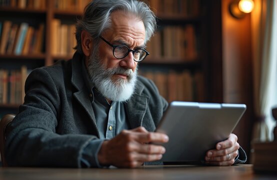 Elderly man with glasses reads tablet in cozy library. Senior uses modern tech device among books. Learns, enjoys digital content, sits in warm, thoughtful setting, exploring information with deep