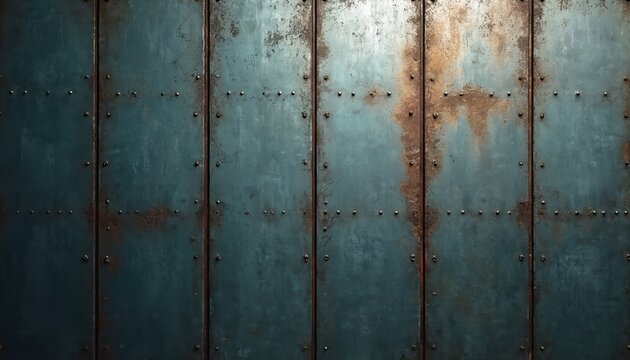Corrugated metal panels with teal patina and rust spots form textured background. Rivets secure vertical seams of weathered surface. Industrial grunge texture offers gritty and aged aesthetic.