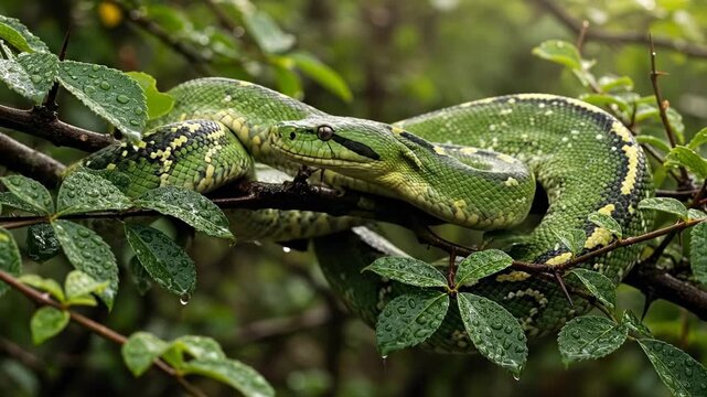 Emerald Tree Boa Coiled on a Branch in Lush Rainforest.