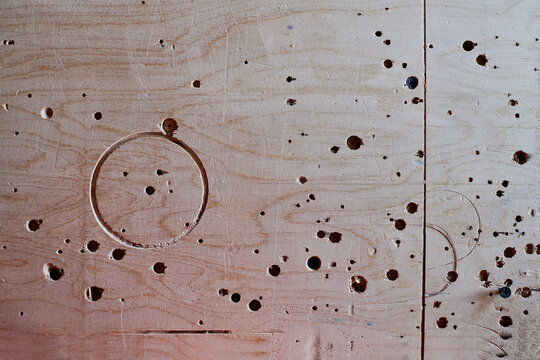 Wooden surface showing numerous drilled holes and circular markings, highlighting texture and grain pattern, suitable for backgrounds or construction industry concepts