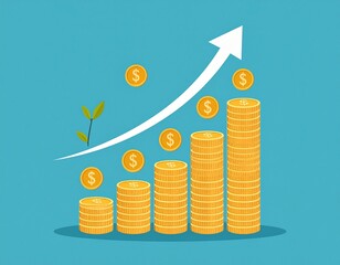 Visualizing steady financial prosperity and market success with a growing stack of gold coins and an upward trend arrow