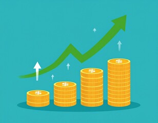Visual representation of financial growth and investment success with rising coin stacks and an upward trend arrow