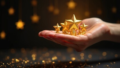 Hand holds many golden star trophies symbolizing success achievement and excellence. Represents top performance or personal talent recognition and reward.