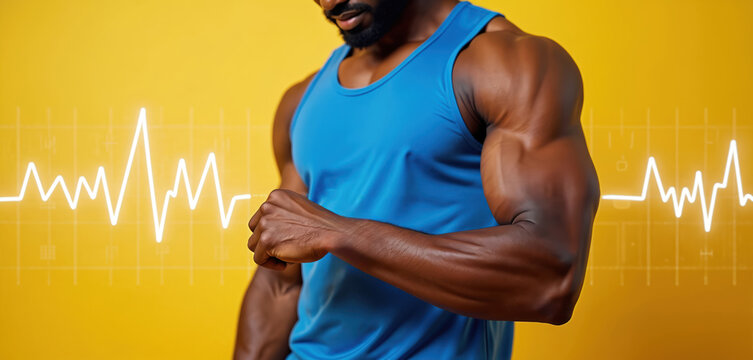 Strong African American man in blue tank top checks wrist. Bright heart rate monitor graphic on yellow background. Tracks fitness, monitors health data, maintains active lifestyle for personal