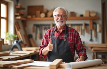 Smiling senior craftsman gives thumbs up in workshop. Happy woodworker holds timber, shows approval with hand gesture. Skilled carpenter works with wood materials at carpentry business.
