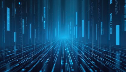 Abstract blue digital grid pattern forms virtual data tunnel. Light lines, binary code dots create tech network background. Futuristic design shows big data flow, internet, cyber space, information