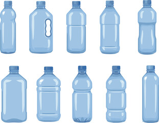 Set of realistic plastic water bottles with different shapes and caps isolated on white background for packaging and product design