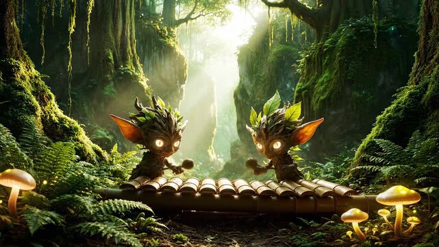 Enchanted Forest Pixies Playing Music on a Bamboo Xylophone.