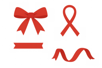 Red ribbon variations set including a bow, awareness loop, and waving elements for decoration and charity campaigns