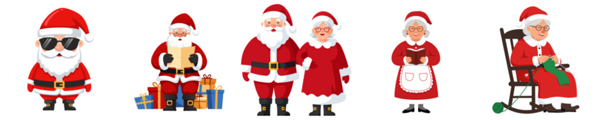 Fototapeta premium Mrs.Claus and Santa together in various cheerful poses and outfits, transparent background, isolated, vector, set