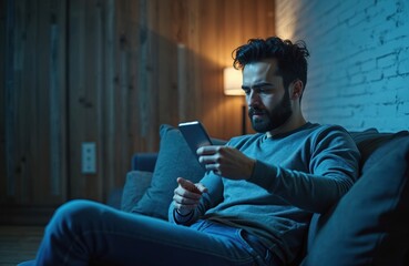 Fototapeta premium Man sits on sofa looks at smartphone. Young person browses on mobile phone gadget indoors at night. Male with beard watches content in apartment.