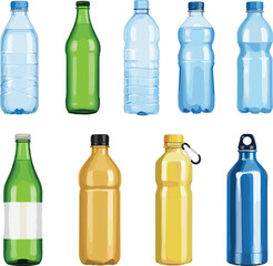 Collection of plastic, glass, and metal bottles in different shapes and colors for beverages, water, and juice packaging illustration set
