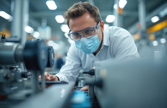 Man in protective gear inspecting machinery. Engineer wears mask glasses checking industrial equipment. Worker in factory controls manufacturing process. Workplace environment safety at industry