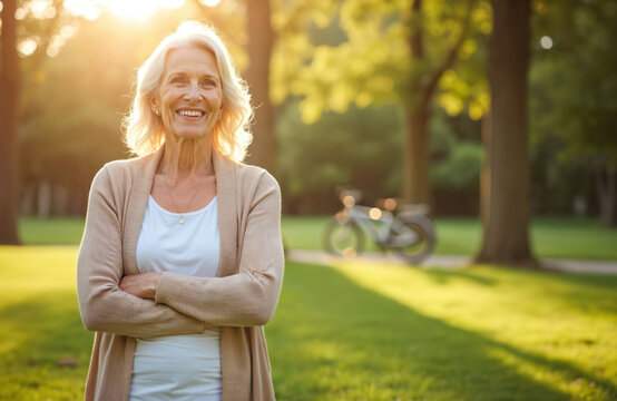 Elderly woman smiles confidently in park during sunny day. Her arms are crossed, and she radiates happiness. Bicycle is blurred in background, suggesting outdoor activity and healthy lifestyle. - Powered by Adobe