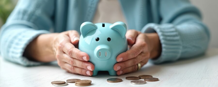 Senior woman hands protect blue piggy bank on a white table with coins. Elderly person saves money for retirement. Pensioner manages personal budget, plans financial future with small income. - Powered by Adobe
