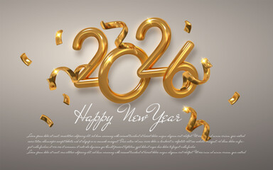 Golden 2026 New Year Celebration With Shiny Metallic Numbers, Confetti, And Elegant Typography On Gray Background. Perfect Festive Greeting Design. Vector Illustration