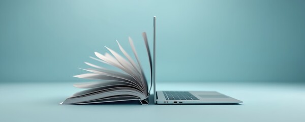 An open book and laptop placed back to back on blue background. This photo visualizes online education digital learning and modern academic concept. Symbolic image represents technology and knowledge.