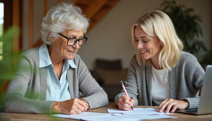 Fototapeta premium Adult daughter assists senior mother with important home paperwork, paying bills. Review financial documents. Young woman helps older mom understand legal forms, tech. Two smiling women work, discuss
