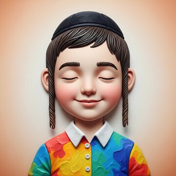 Chasidish/Hasidic boy with Payos curl sides. The boy is wearing a yarmulke, or kippah. closed eyes and color shirt