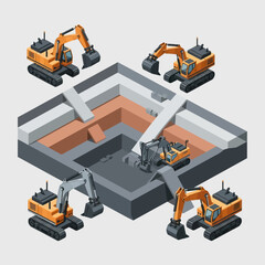 Isometric view of excavators working on a construction site with a large pit.