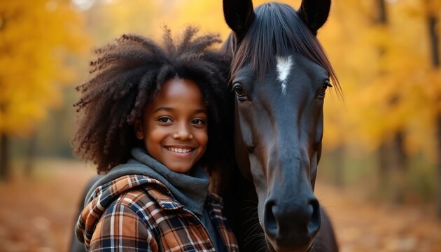 African American girl smiles with horse in autumn forest. Young lady hugs dark brown horse with white spot on forehead. Girl wears plaid shirt, grey hoodie in fall nature. Happy child with equine