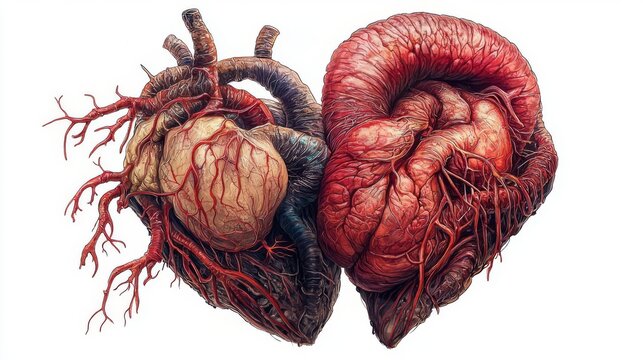 Detailed illustration of human hearts showcasing anatomy and intricate blood vessels for medical and educational use.