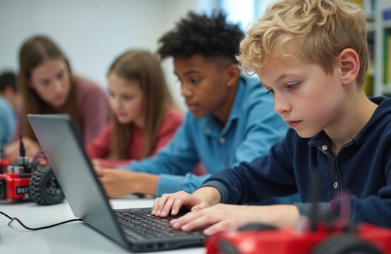 Diverse young students learn robotics, program future robots in tech class. Boy codes on laptop, others learn engineering. Children build electronic toys, develop digital skills for innovation,
