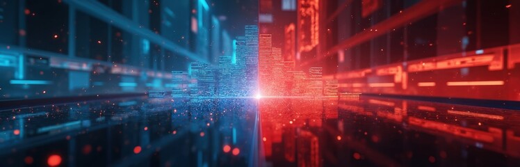 Abstract digital cityscape with blue, red neon lights. Futuristic buildings rise from reflective ground, data particles float in atmosphere. Dynamic grid pattern creates sense of cyberspace advanced