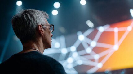 Side view of mature man with glasses observing futuristic digital network display with glowing nodes and connecting lines in dark environment